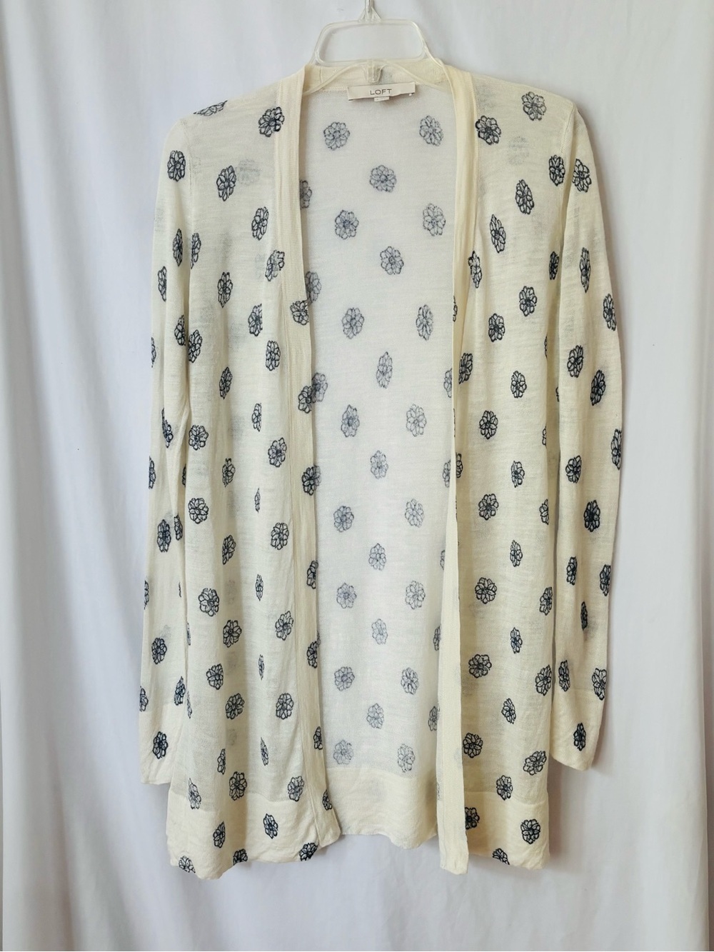 Open Front Cardigan Lightweight Ramie Blend Cream Blue Womens S